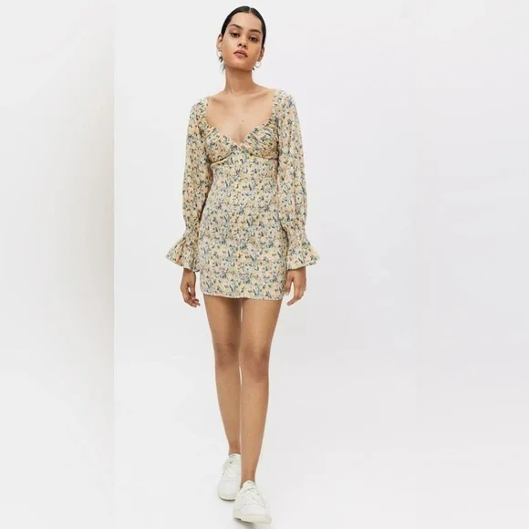 KISS THE SKY Urban Outfitters Floral Bardot Mini Dress Boho Size Small NWT - Picture 2 of 15